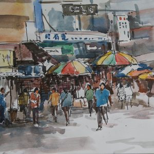 Line and Wash Painting - Street Market, Hong Kong