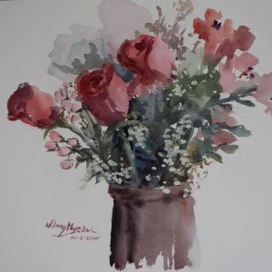 Watercolour painting. Roses in Clay Jar, Singapore, 2019