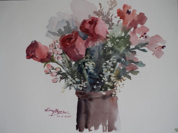 Watercolour painting. Roses in Clay Jar, Singapore, 2019