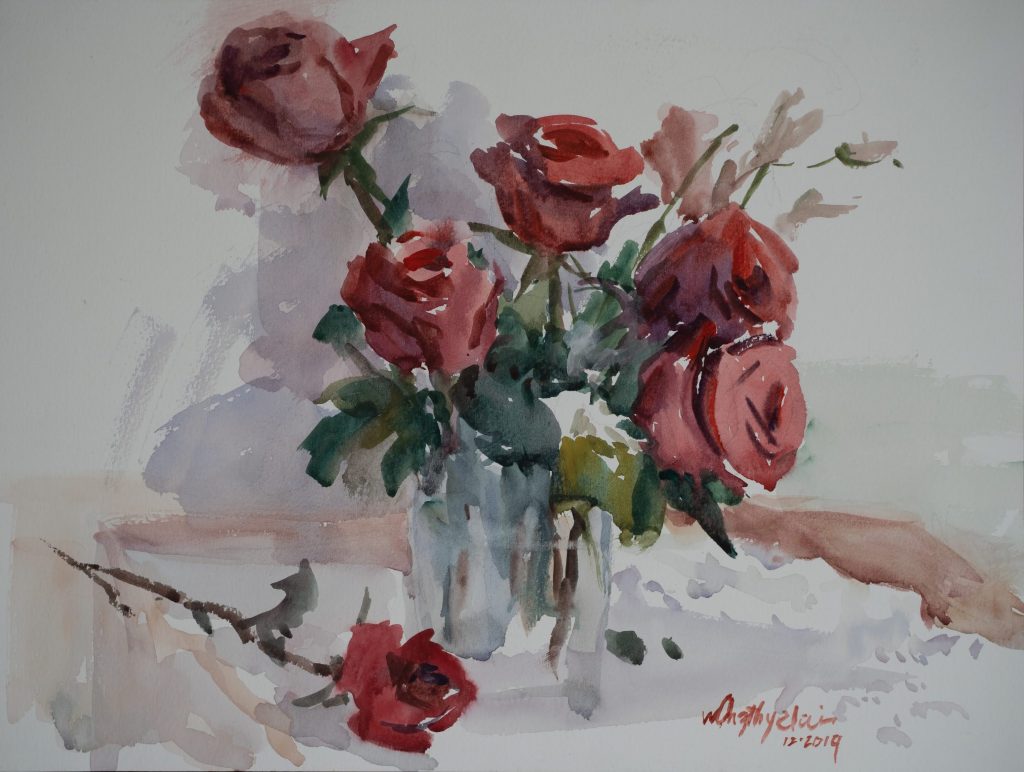 Watercolour paintng. Roses in Glass Jar, Singaopre, 2019