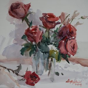 Watercolour paintng. Roses in Glass Jar, Singaopre, 2019