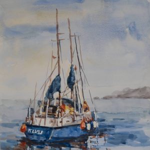Watercolour Painting. Fishing Boat at Sea, Europe, 2008