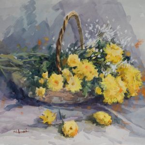 Watercolour Painting. Chrysanthemum in a Basket, Singapore, 2006